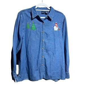 Basic Editions Christmas Holiday Embroidered Denim Button Down Sz L 100% Cotton‎